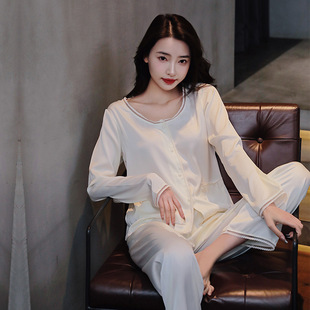 新款 家居服 睡衣女春秋夏季 冰丝蕾丝性感高级感宫廷风简约大码