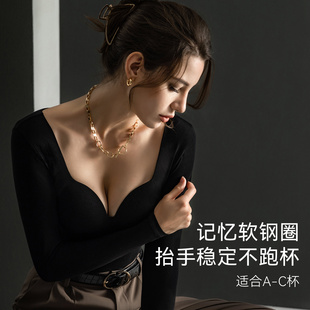 维多利亚带胸垫罩杯一体保暖内衣女士发热秋衣打底V领塑身衣长袖