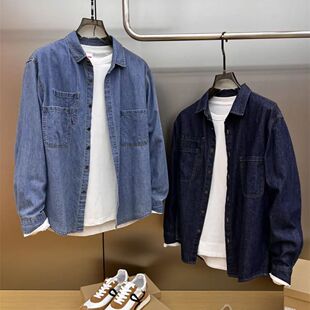 春秋新纯色水洗大口袋牛仔衬衣打底通勤休闲长袖 外套 男女情侣衬衫