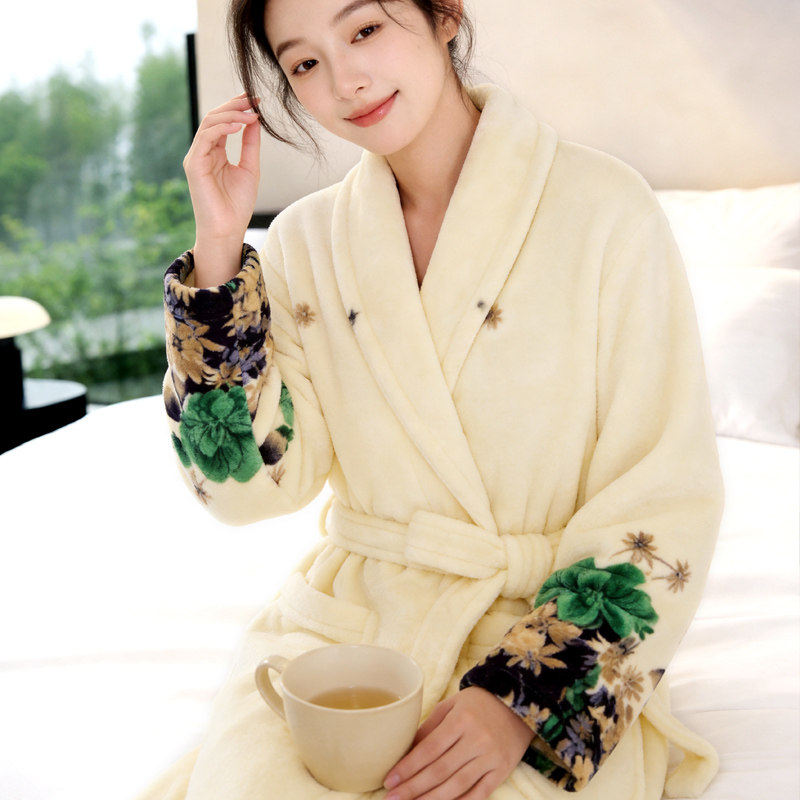 和服睡袍女秋冬季加厚珊瑚绒保暖长袖春秋法兰绒新款睡衣外穿浴袍