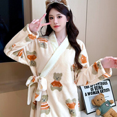 春秋法兰绒新款 和服睡袍女秋冬季 加厚珊瑚绒保暖长袖 睡衣外穿浴袍