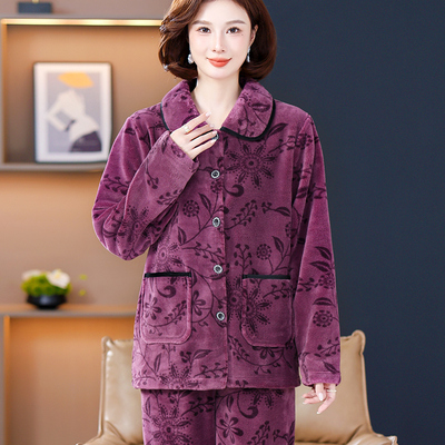 睡衣女秋冬中老年加厚套装妈妈奶奶保暖长袖春秋婆婆珊瑚绒法兰绒