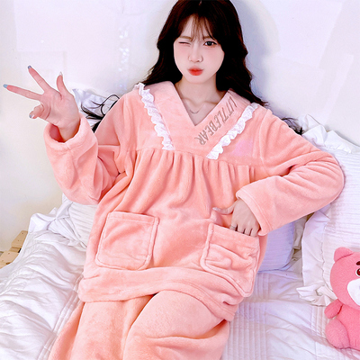 睡衣女秋冬季加厚套装家居服保暖长袖春秋新款珊瑚绒法兰绒可外穿