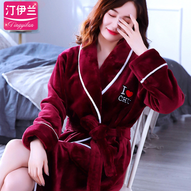 珊瑚绒睡袍女加厚法兰绒加长浴袍宽松秋冬大码女袍睡衣.可外穿浴