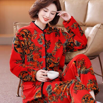 睡衣女秋冬中老年加厚套装妈妈奶奶保暖长袖春秋婆婆珊瑚绒法兰绒
