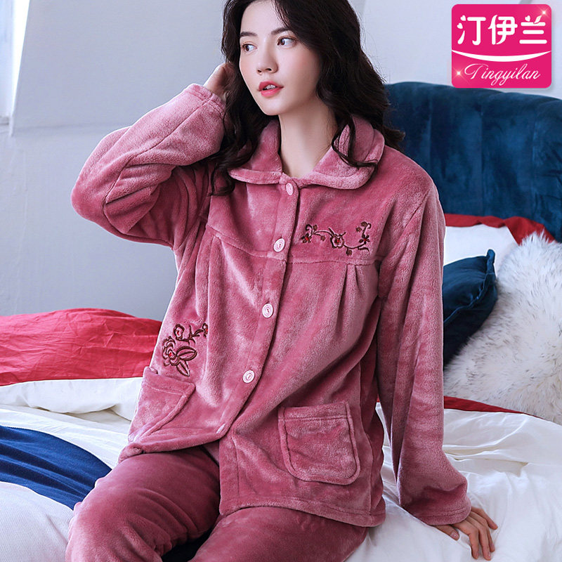 居家睡衣女中老年居家服加厚法兰绒套装珊瑚绒秋冬长袖宽松可出门