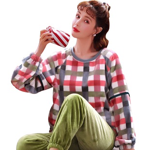 格子睡衣女可爱加厚法兰绒套装公主风家居服珊瑚绒秋冬季长袖宽松