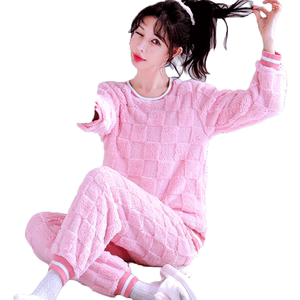 秋冬季珊瑚绒睡衣女卡通彩色熊加厚加绒新款保暖纯色家居服套装女