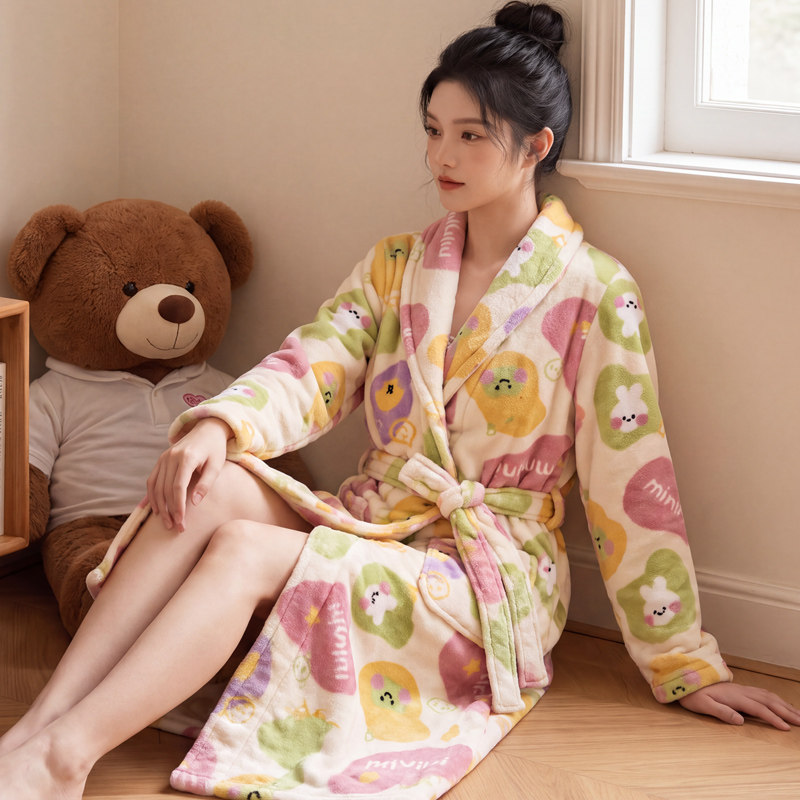 睡袍女秋冬季加厚珊瑚绒长袍浴袍保暖春秋法兰绒新款睡衣外穿长袖