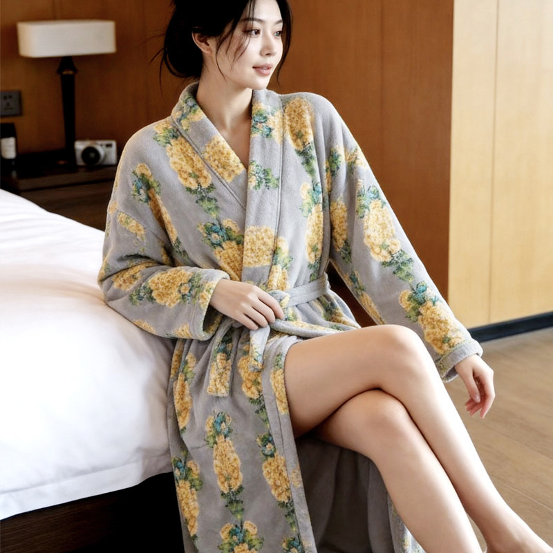 和服睡袍女秋冬季加厚珊瑚绒保暖长袖春秋法兰绒新款睡衣外穿浴袍