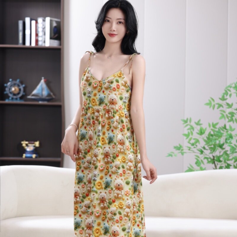 汀伊兰吊带睡裙夏季女士薄款睡衣裙子棉绸睡衣家居服绵绸春夏长裙