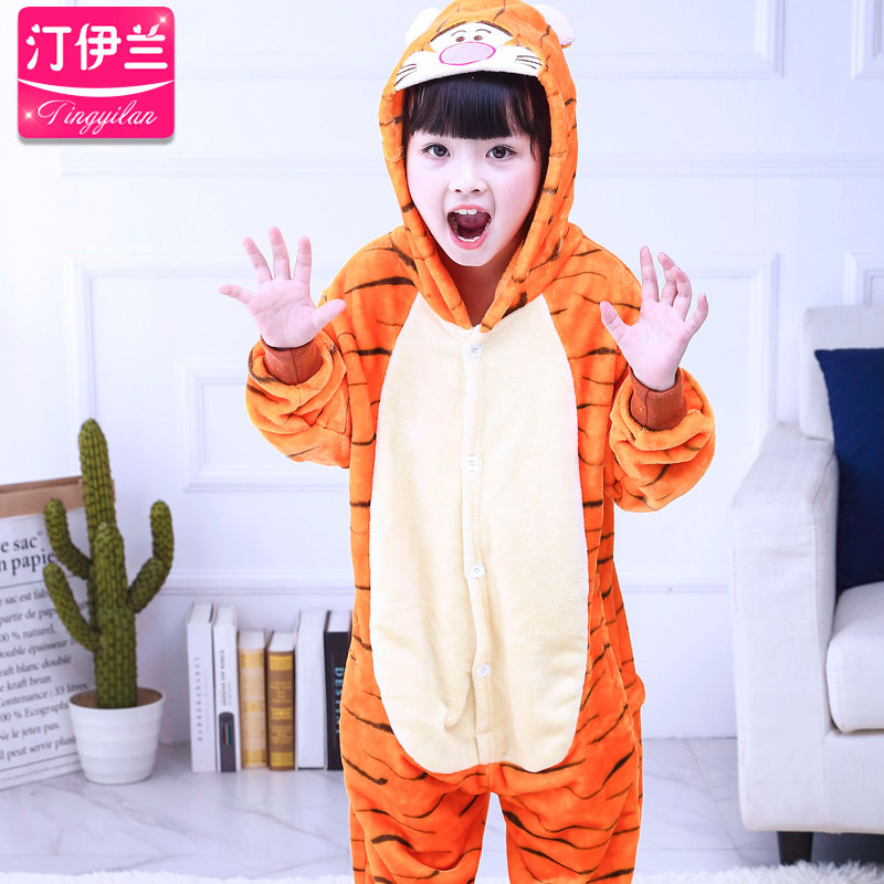 秋冬季跳跳小老虎法兰绒卡通连体动物睡衣男女儿童学生演出家居服