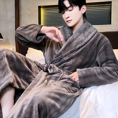 睡袍睡衣男秋冬季加厚珊瑚绒大码外穿浴袍保暖长袖春秋法兰绒新款