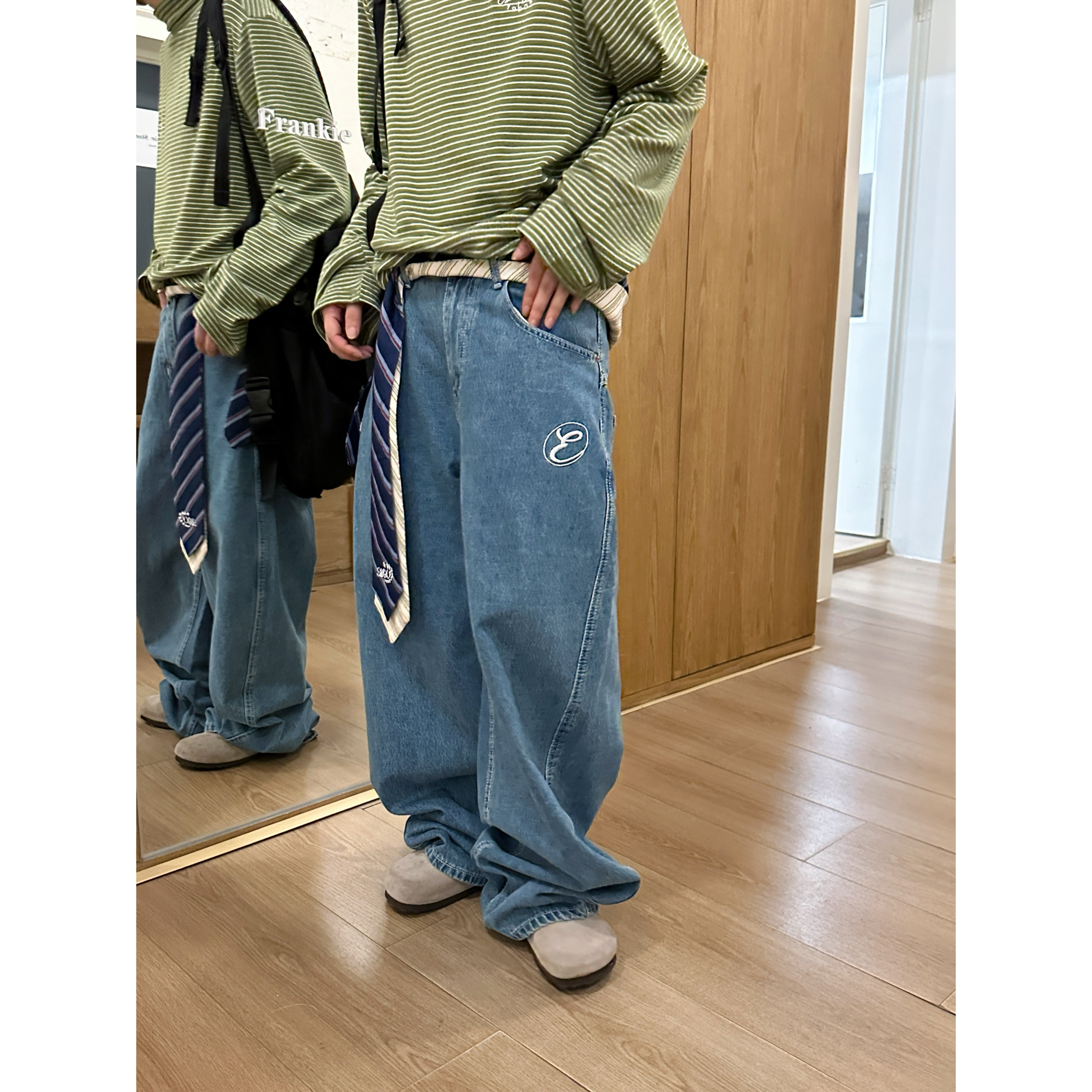 JUSHOUREN 美式复古字母刺绣牛仔裤男女cleanfit百搭直筒拖地裤潮