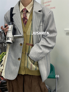 巨兽人 复古韩版西装外套男女秋季潮流帅气宽松百搭条纹西服上衣