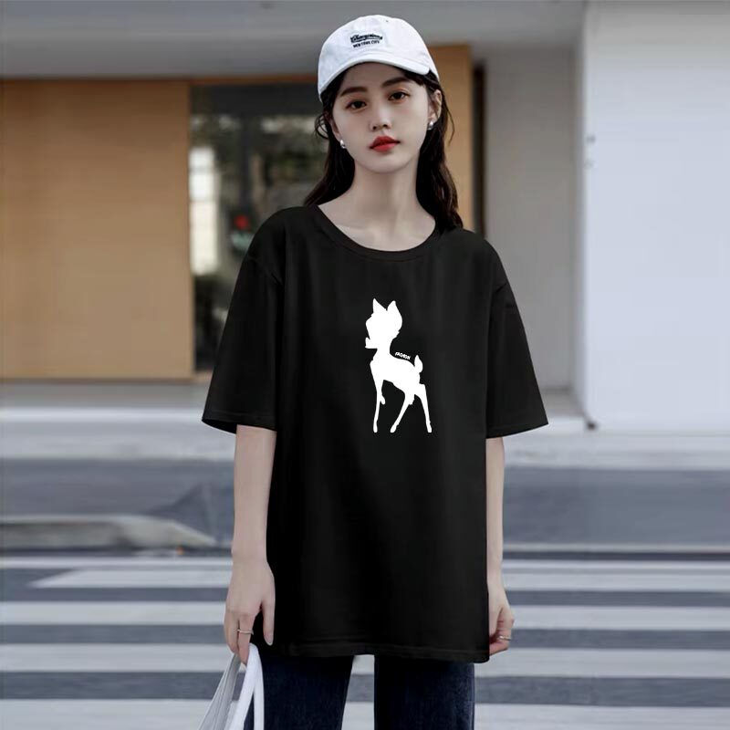 2025年纯棉短袖t恤女宽松时尚百搭舒适通勤小鹿印花T打底上衣体恤