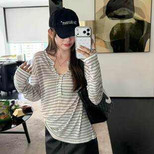 Kapok早秋韩系半开扣宽松条纹T恤女百搭松弛感宽松上衣61039