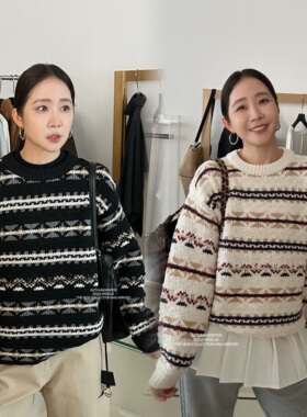 十三行widelia陈姬儿秋冬新款韩版复古时尚休闲宽松提花毛衣08199