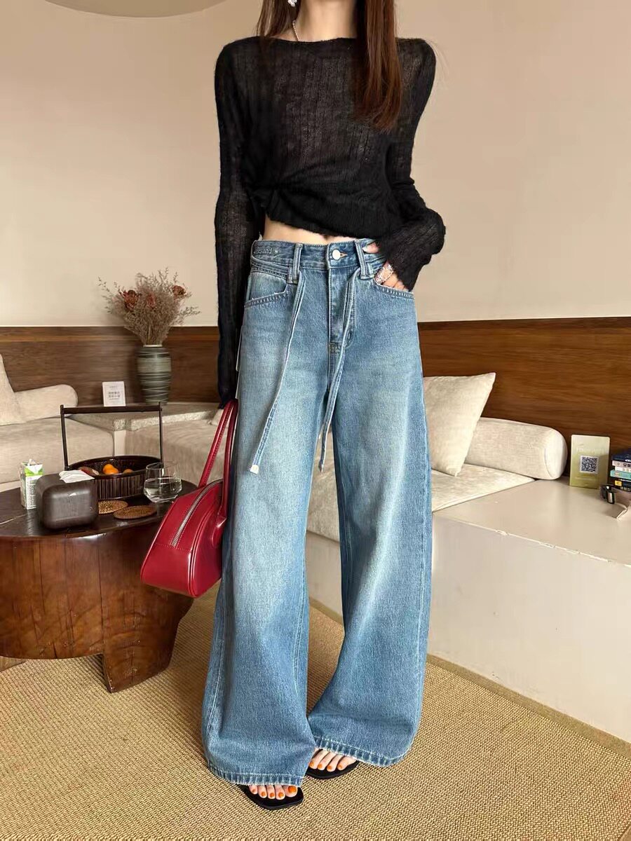 复古抽绳设计阔腿微喇叭牛仔裤女春季新款韩版高腰显瘦宽松裤3810