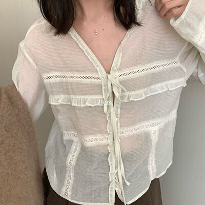 hers 一勺甜 秋季韩系轻薄微透木耳边衬衫V领长袖系带小衫66632