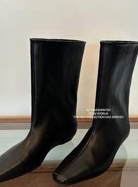 十三行widelia陈姬儿黑色百搭尖头中筒靴小个子复古丑丑短靴9693