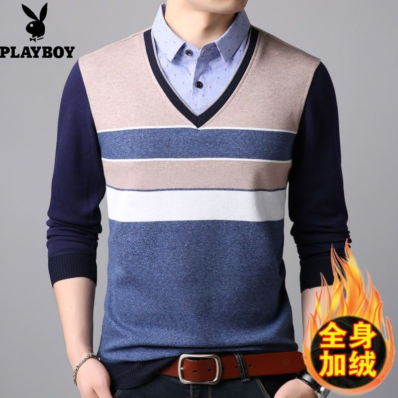 花花公子毛衣加绒加厚衬衫领假两件针织衫冬季中年男士保暖针织衫