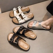 复古休闲穿搭扣露趾一字拖鞋 女外穿新款 厚底勃肯凉拖鞋 2024年夏季