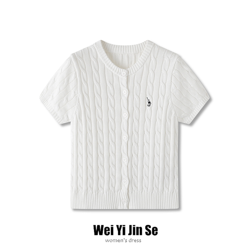 唯衣瑾色刺绣马儿麻花短袖针织开衫女圆领学院风修身上衣夏季新款