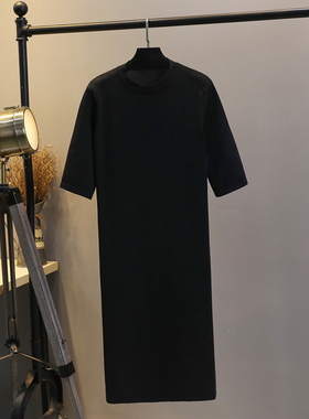 黑色针织连衣裙早秋宽松显瘦纸片人长款五分袖打底半高领内搭裙子