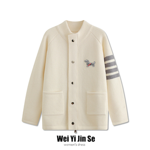 重工高级韩版小狗tb针织开衫女秋冬新款立领宽松四条杠外套上衣