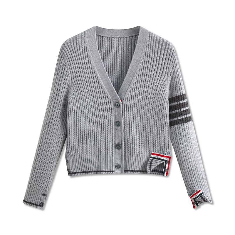 韩版tb针织开衫女春秋v领修身四条杠学院风短款外套白鹿同款上衣