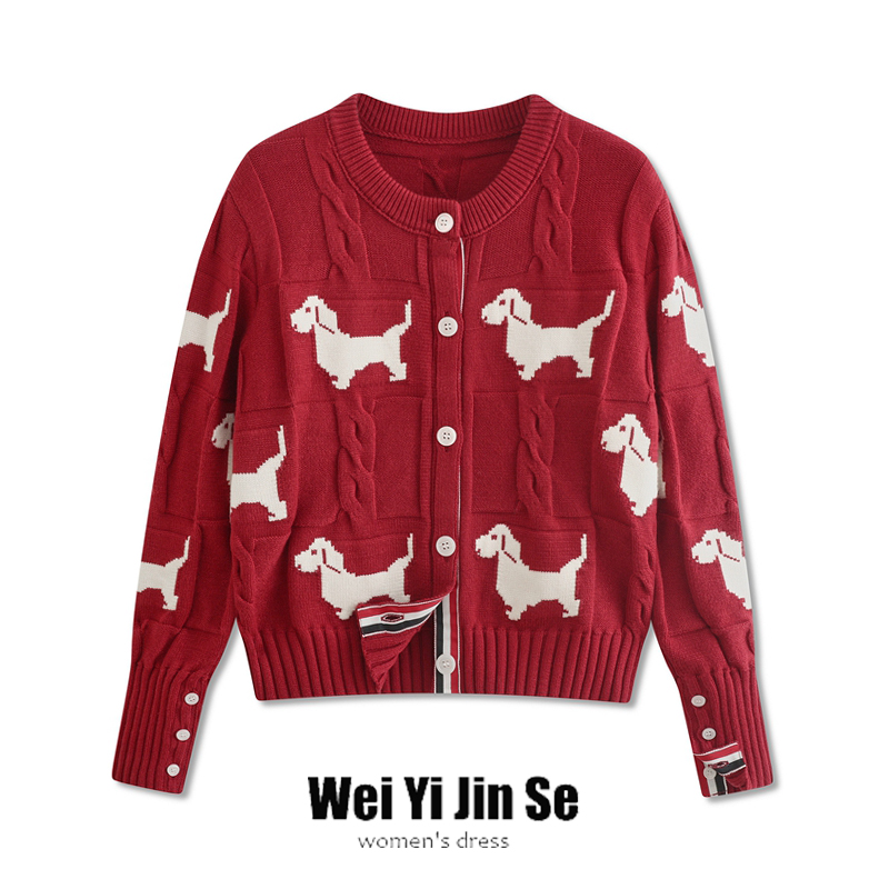 韩版tb百搭设计感狗狗提花修身圆领针织开衫女上衣短款外套高级感