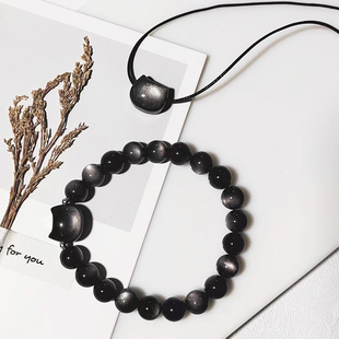 天然黑金银曜石猫头吊坠锁骨链银曜石猫咪手链项链手绳女闺蜜礼物