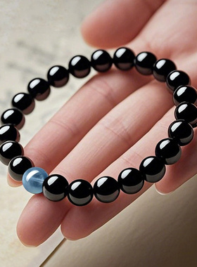 收藏级真天然乌金黑曜石手链男女海蓝宝补水晶手串招财转运珠礼物