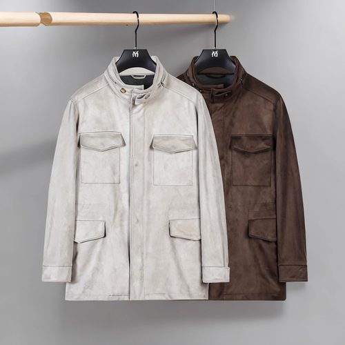 意式老钱风麂皮绒面料秋冬男士立领连帽夹克LP同款高端猎装外套