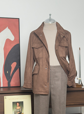 BC秋冬男士绅装老钱风麂皮绒M65猎装夹克美拉德立领连帽抽绳外套