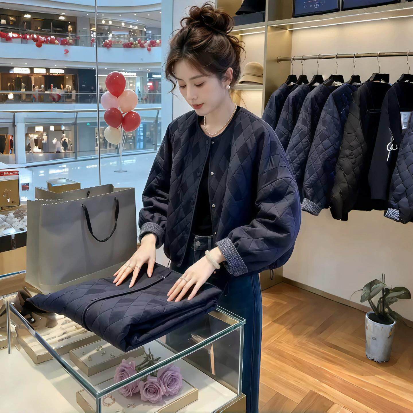 菱格纹短款棉服女2026冬季新款