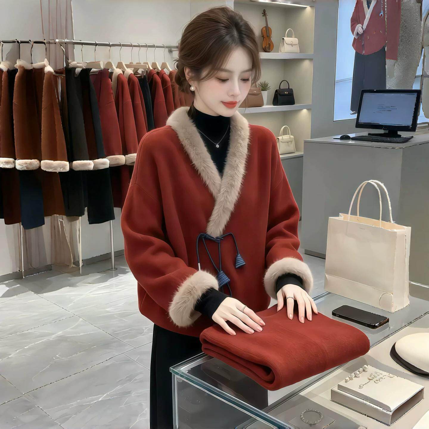 高级感红色毛呢外套女2026秋季