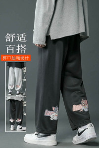 秋季百搭休闲裤抽绳运动裤纯色卡通印花卫裤纸条宽松阔腿裤K07P35图片