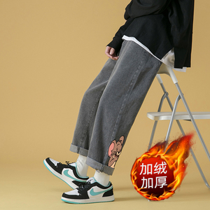 男士牛仔裤冬天加绒加厚保暖长裤男女中性港风阔腿裤坠感拖地裤图片