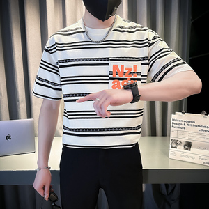 男士条纹衣服夏季薄款短袖T恤 痞帅宽松打底衫 TX03-P58图片