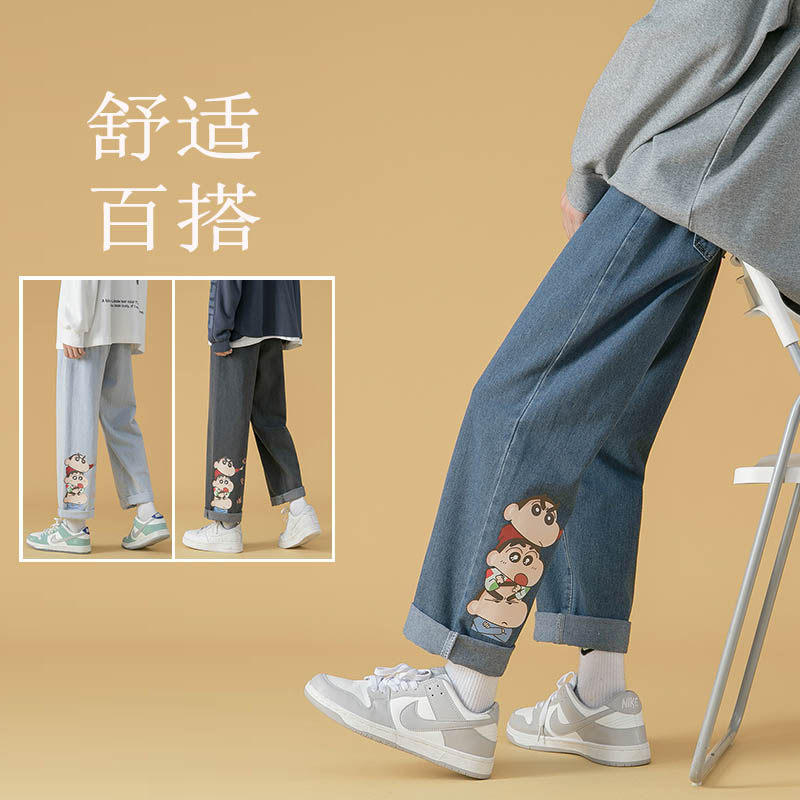 春夏装新款男士牛仔裤潮牌蜡笔小新印花裤子直筒裤男女中性休闲裤图片
