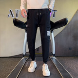 冬季加绒裤子男士加厚休闲裤束脚裤网红工装裤修身小脚裤A62，男装休闲裤，星座712-1