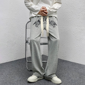 春秋装新款休闲裤男女中性宽松阔腿裤大码拖地机编织绳长裤K40P40,黑色男生衣服穿搭夏天图片
