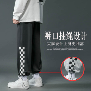 港风裤子灰底秋季新款运动裤宽松阔腿裤直筒抽绳束脚裤大码卫裤男图片