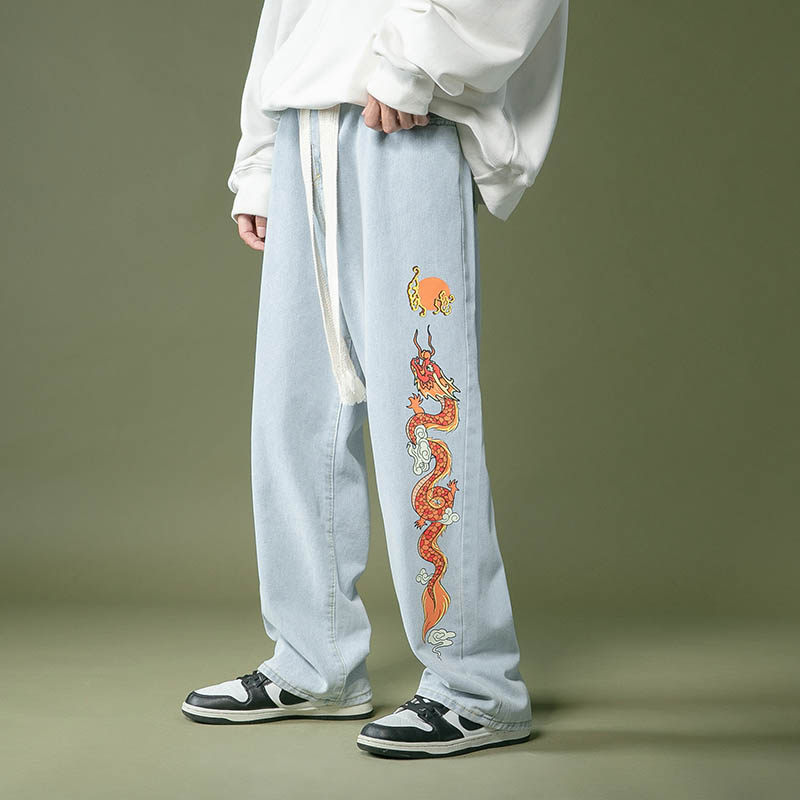男士牛仔裤直筒宽松阔腿裤潮牌印花大码拖地裤 百搭休闲裤  K34图片