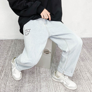 男士牛仔裤潮流百搭印花长裤男女中性休闲裤  1611B-1- K17图片