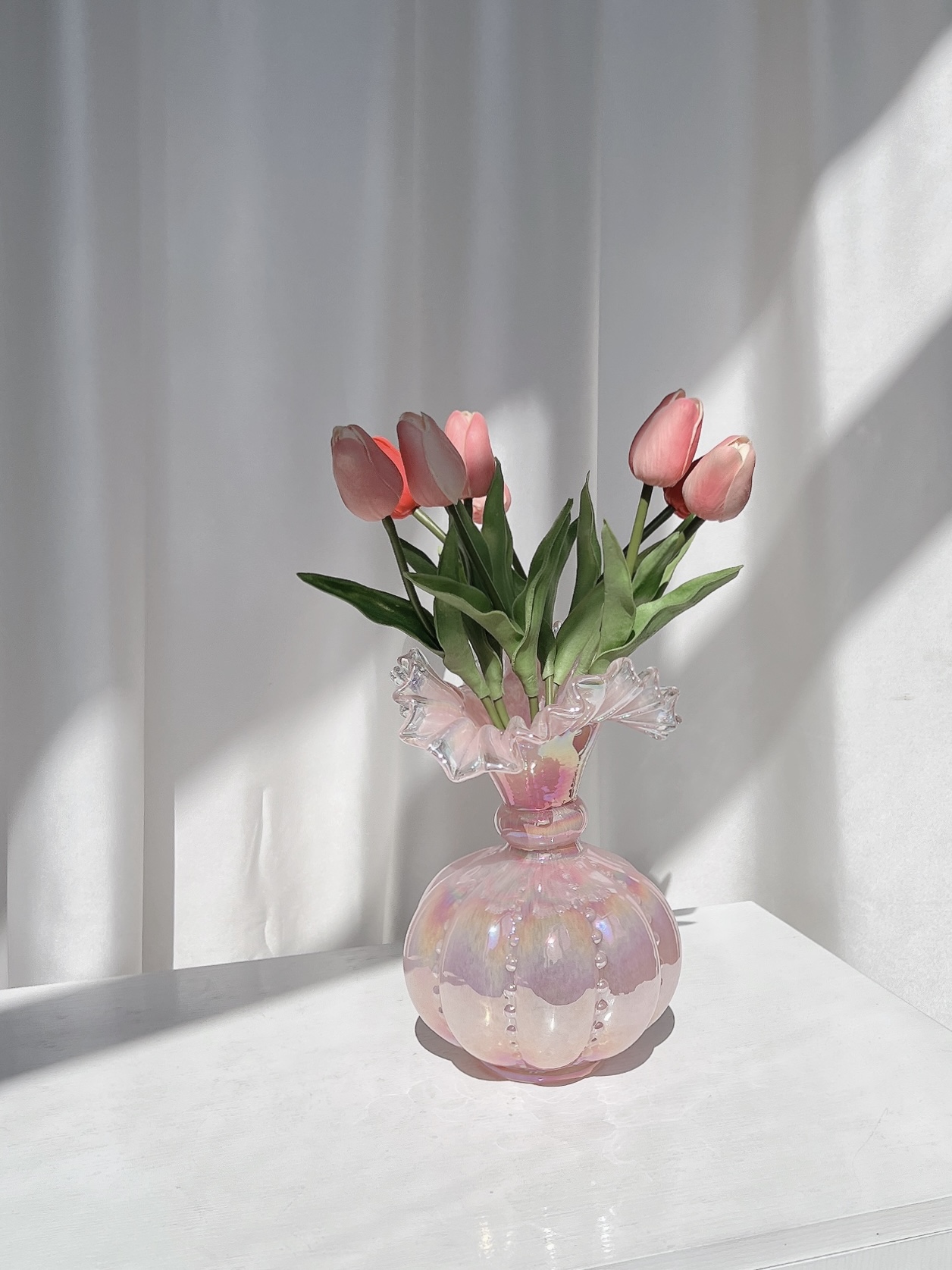 粉色珠光芬顿造型花瓶手工花瓶家居好物客厅摆件卧室摆件桌面花瓶