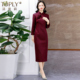 高端喜妈妈改良旗袍连衣裙女长袖 敬酒婚宴礼服喜婆婆冬加厚羊毛裙