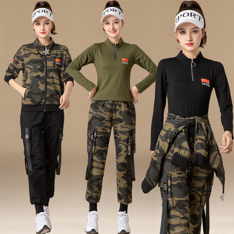 广场舞服装套装迷彩裤短袖t恤潮时尚显瘦韩版军装水兵舞演出服装